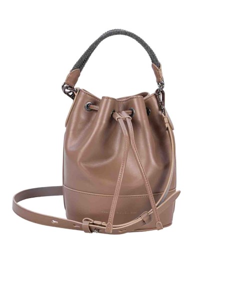 Shop BRUNELLO CUCINELLI  Bag: Brunello Cucinelli calfskin bucket bag with Precious Braided Handlde.
Drawstring closure.
Adjustable and removable shoulder strap.
Handle.
Leather lining.
1 slot for cards and business cards.
Nickel-free monili decoration.
The bag measures approximately 17cm in length, 12cm in width and 22.5cm in height.
Composition: 100% real leather.
Made in Italy.. MBHED2580-C8772